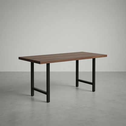 Wooden table with black metal legs on a gray background