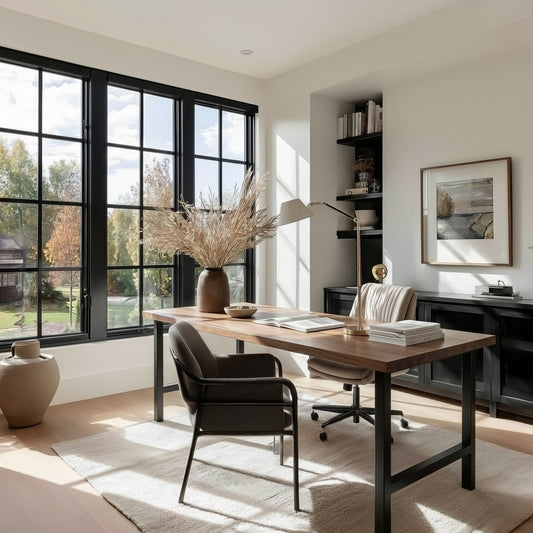 Modern home office with large windows, wooden desk, and chairs.