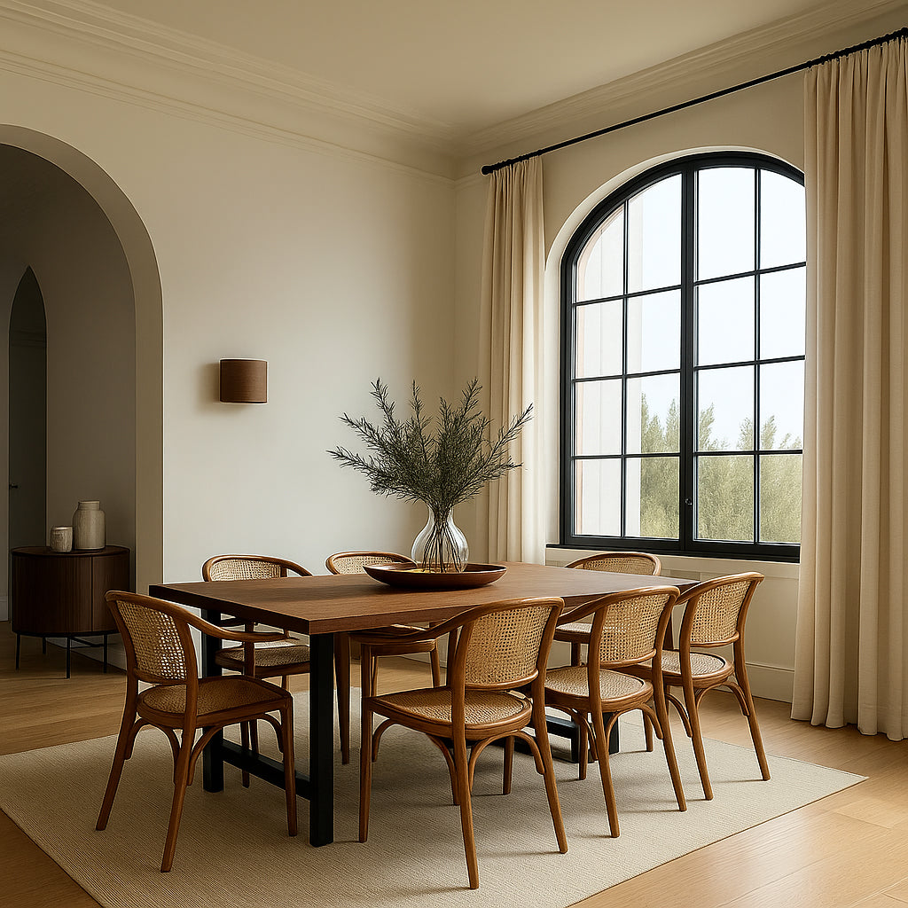 Dining room with wooden table and chairs near a large window.