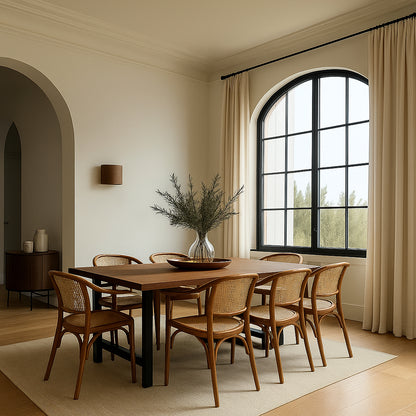 Dining room with wooden table and chairs near a large window.