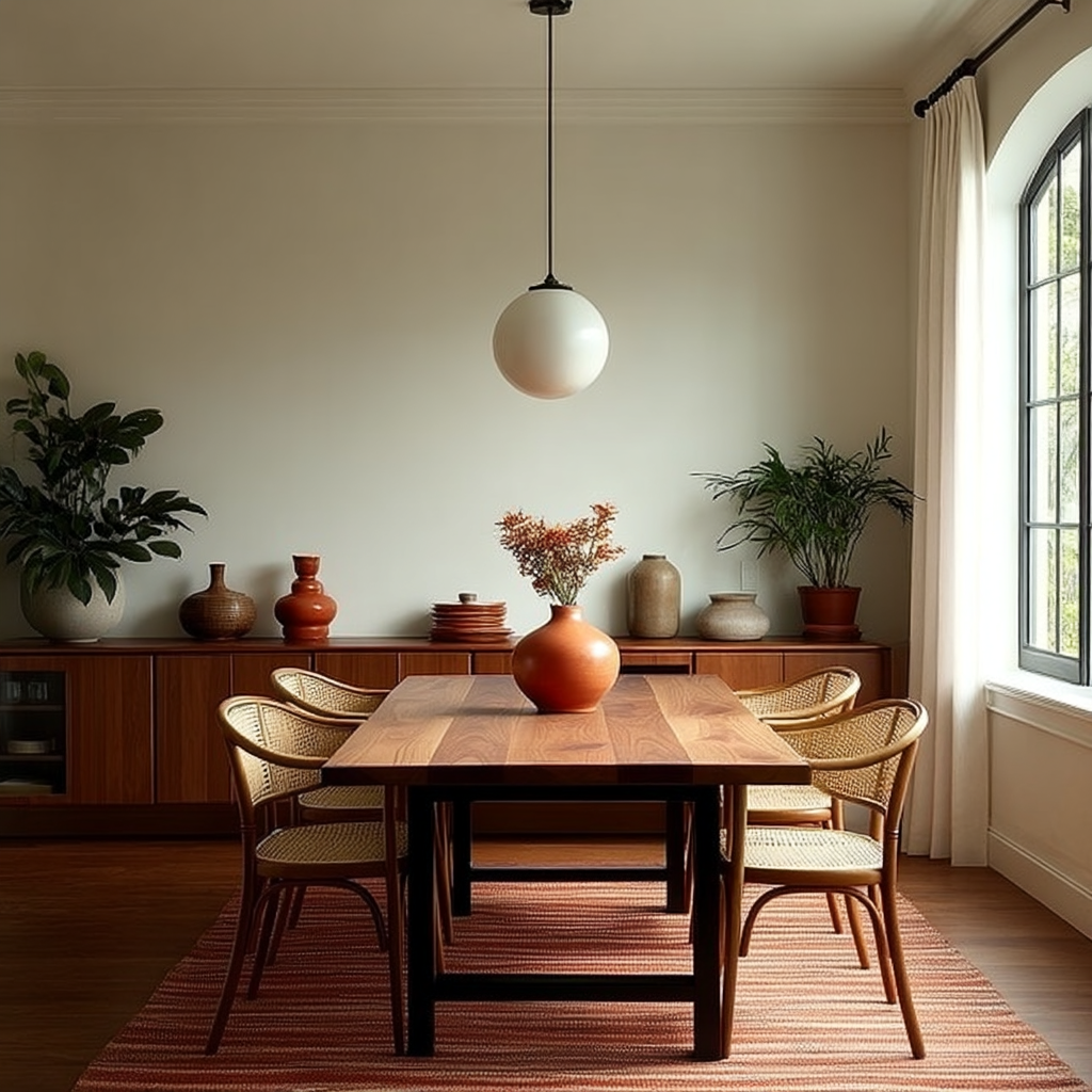 Dining room with wooden table and chairs, plants, and a pendant light.