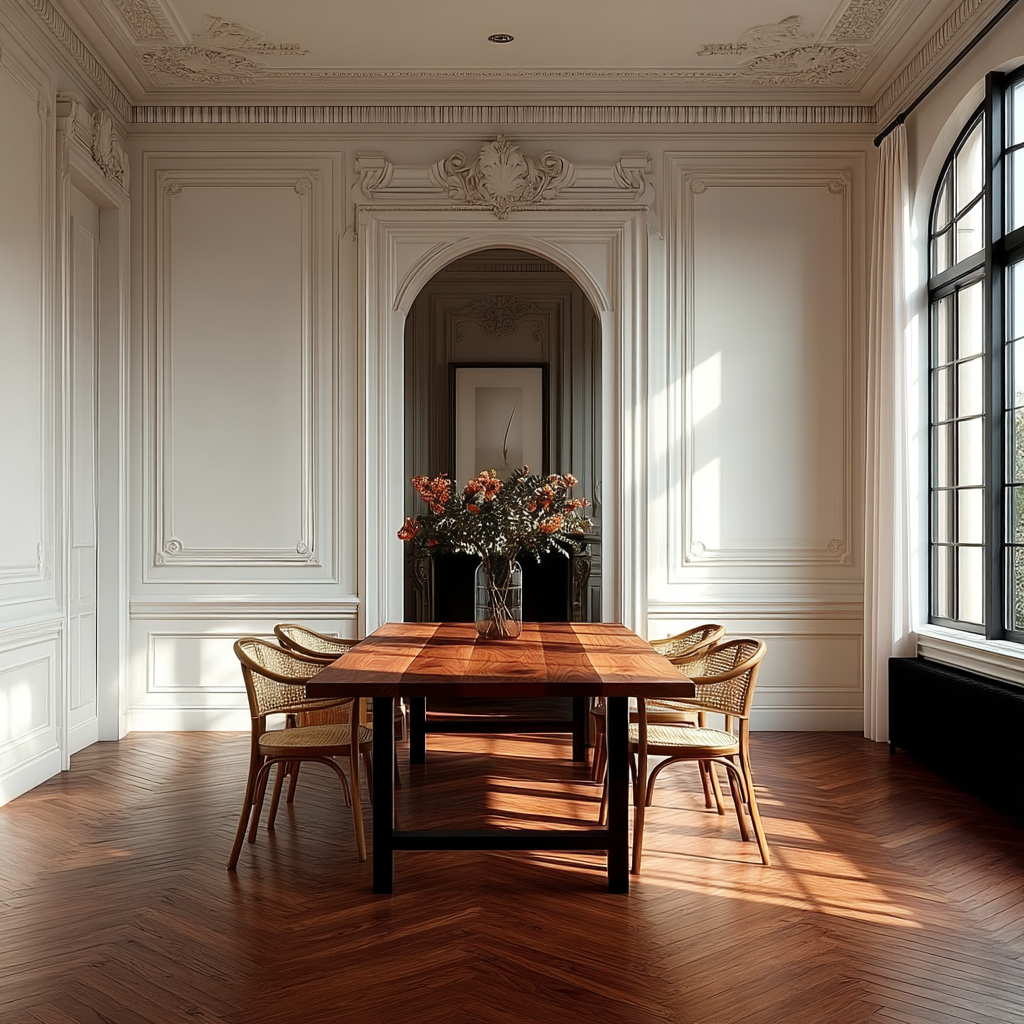 Dining room with wooden table and chairs, floral arrangement, and large window.