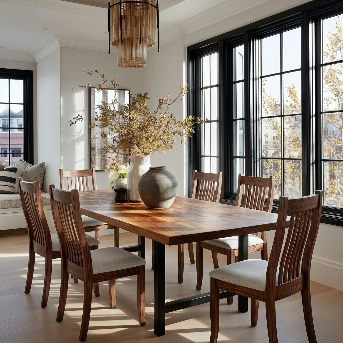 Dining room with wooden table and chairs near large windows