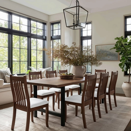 Dining room with wooden table and chairs, large windows, and decorative elements.