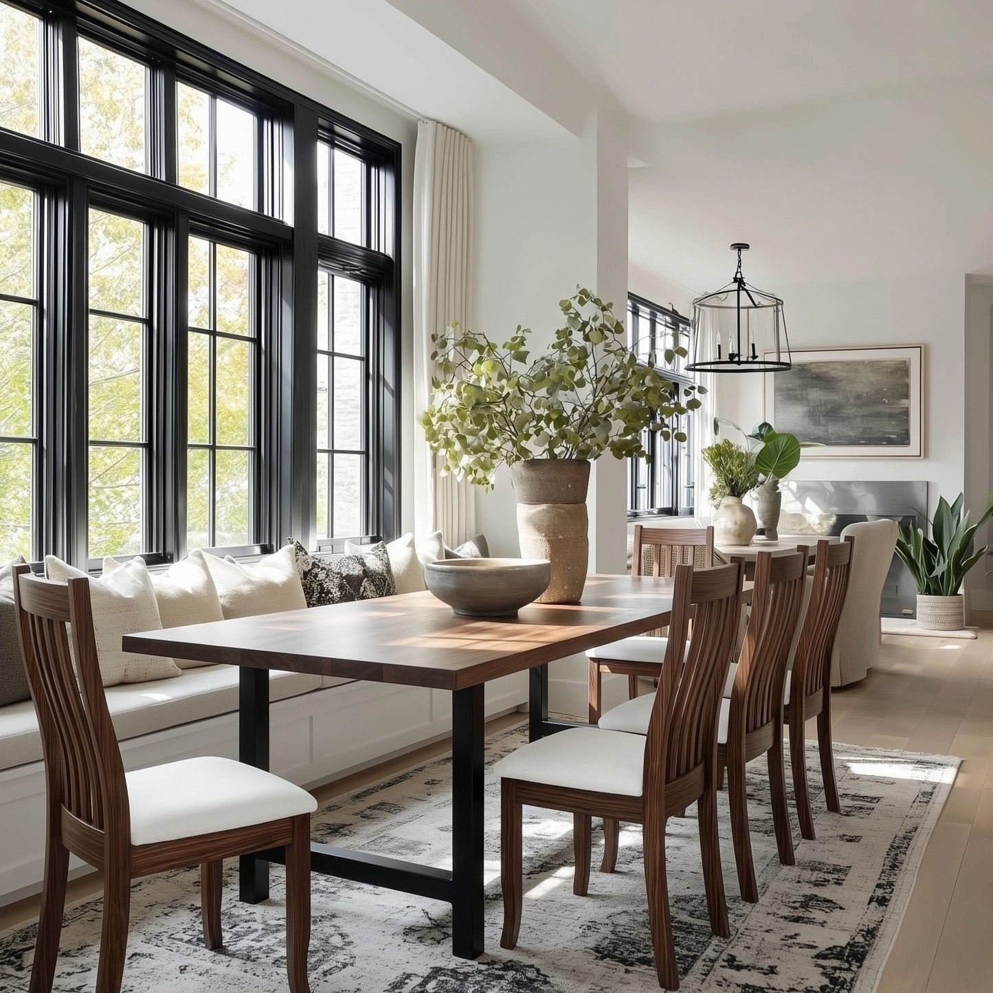 Modern dining room with wooden table and chairs, large windows, and decorative elements.
