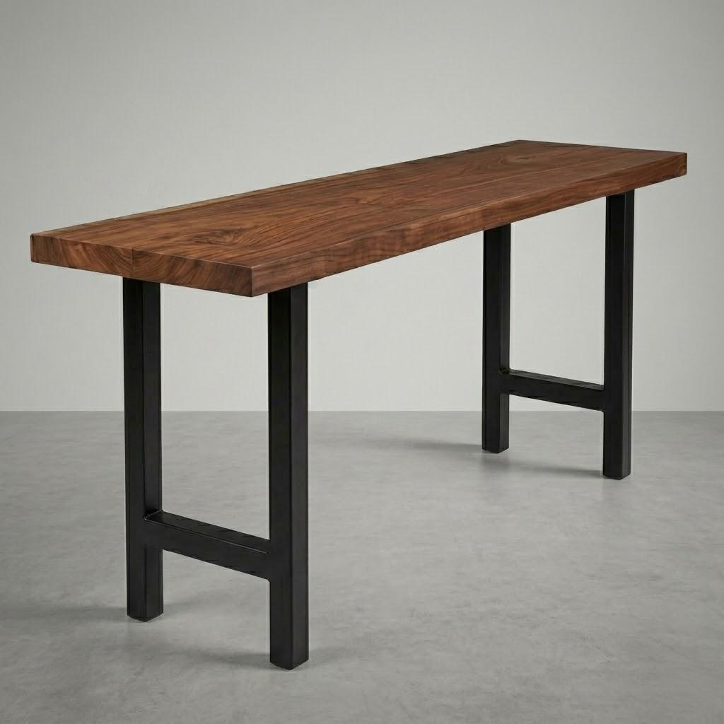 Wooden table with black legs on a gray background