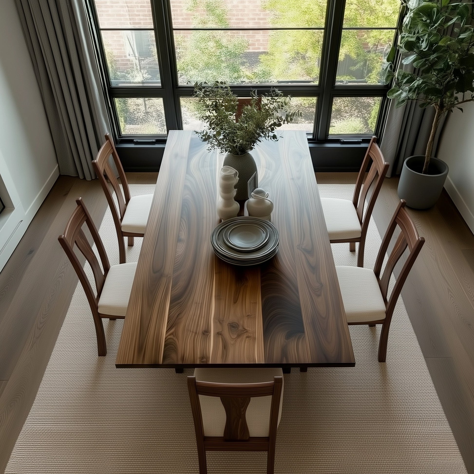 Dining room with a wooden table and chairs near large windows.