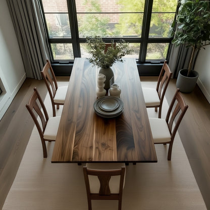 Dining room with a wooden table and chairs near large windows.