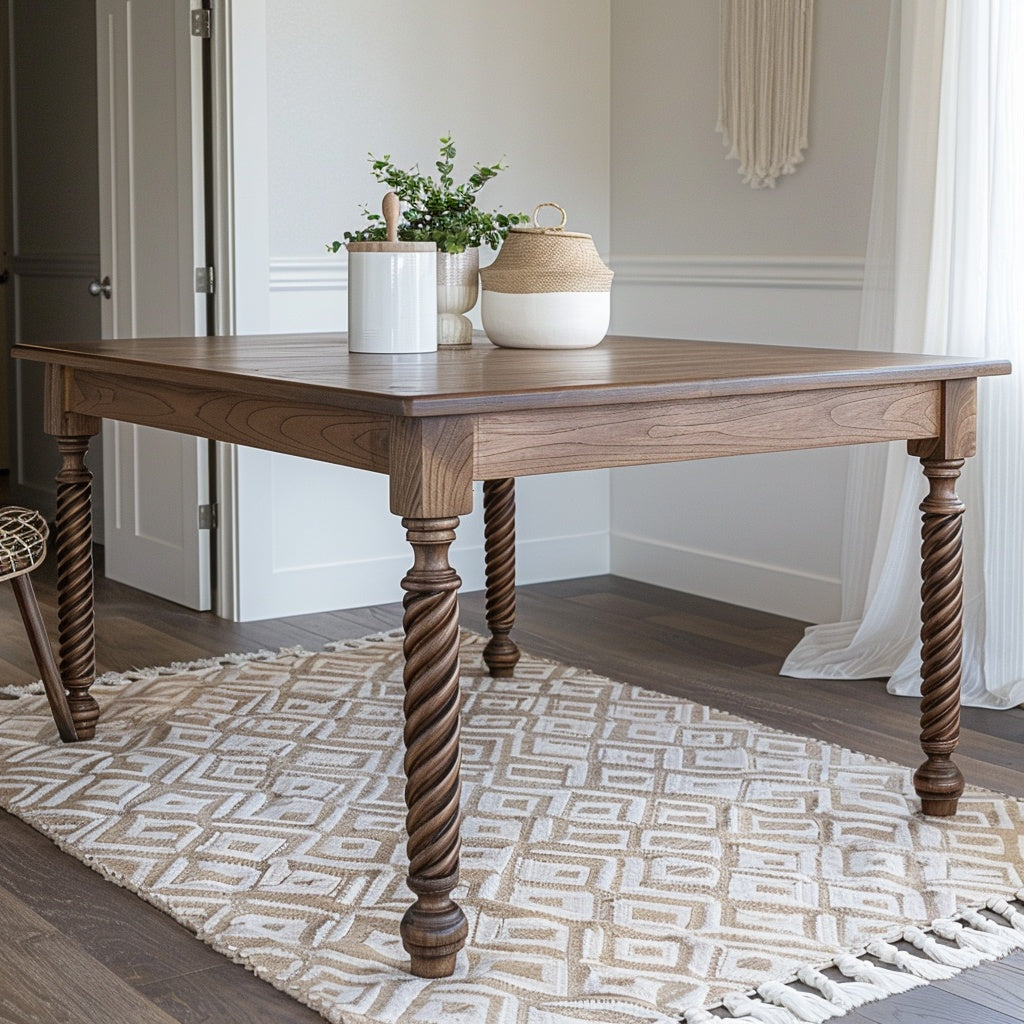 A rectangular dining table with a straight edge, featuring a wood finish and metal legs, placed on a patterned rug.