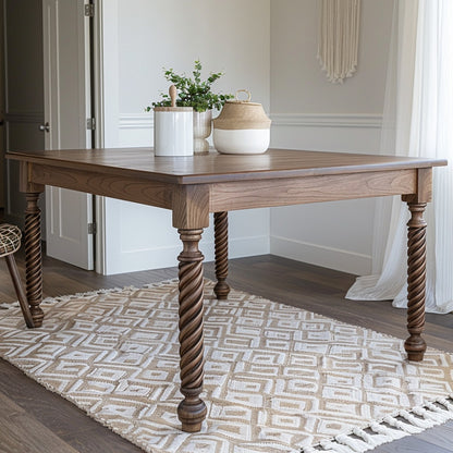 A rectangular dining table with a straight edge, featuring a wood finish and metal legs, placed on a patterned rug.