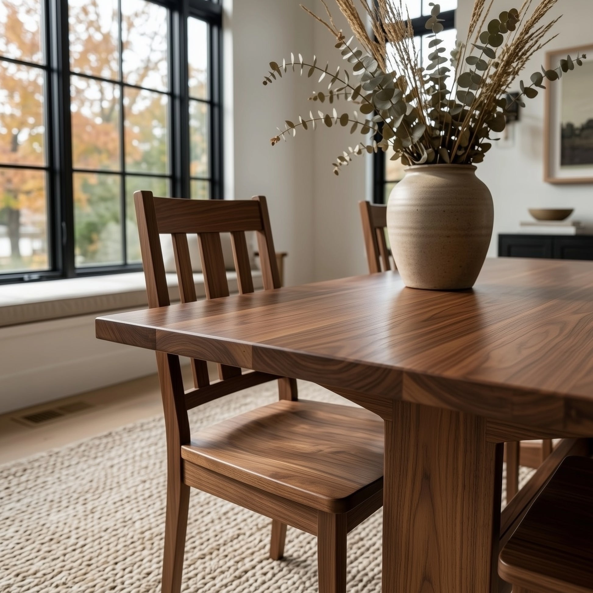 Walnut dining table in a well lit dining room with a plant sitting on it.
