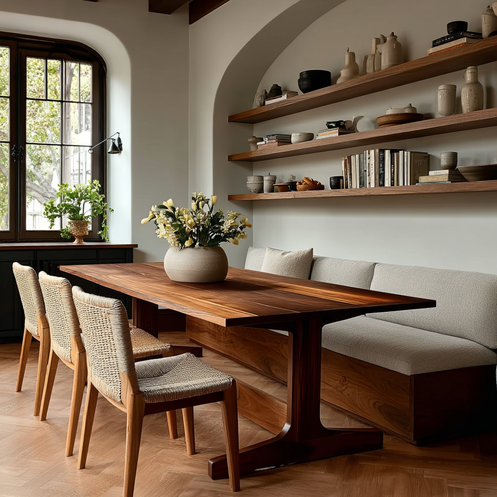 Dining room with wooden table, chairs, and shelves with decorative items.