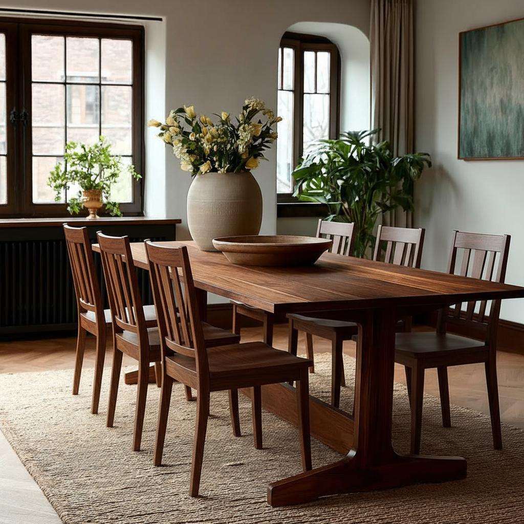Dining room with wooden table and chairs, large vase with flowers, and plants.