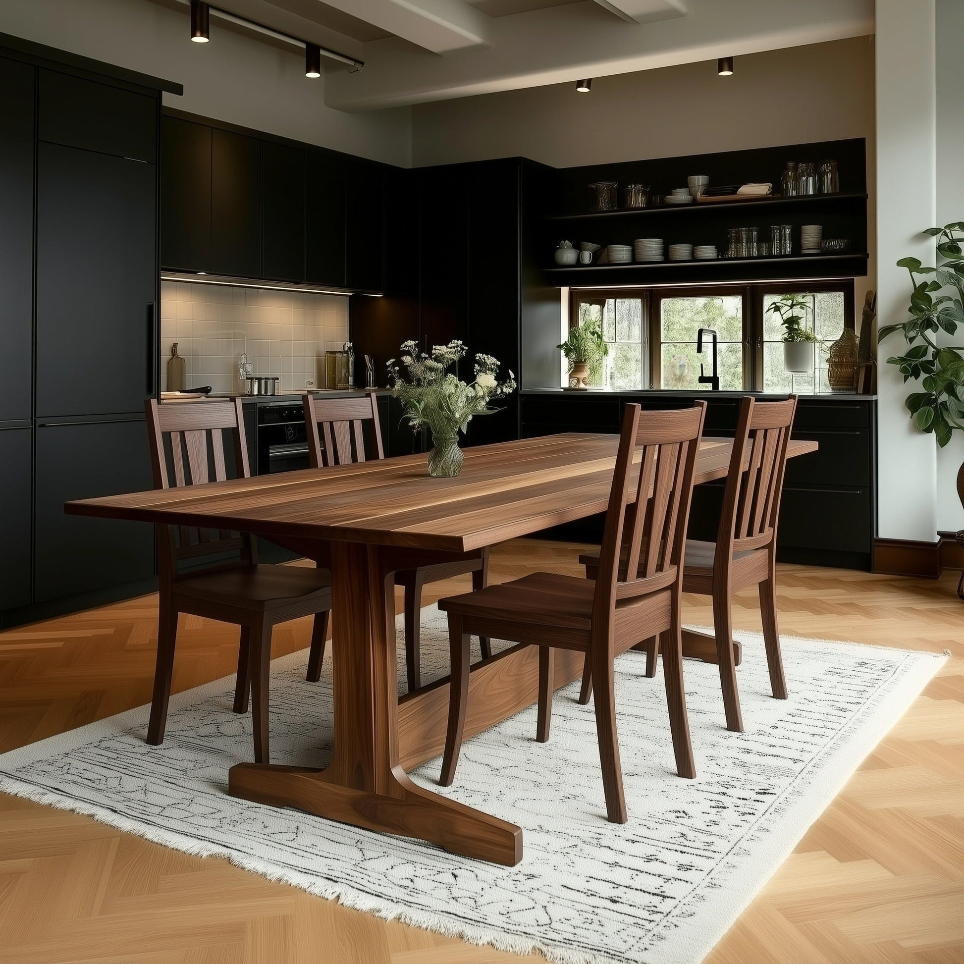 Dining area with wooden table and chairs in a modern kitchen.