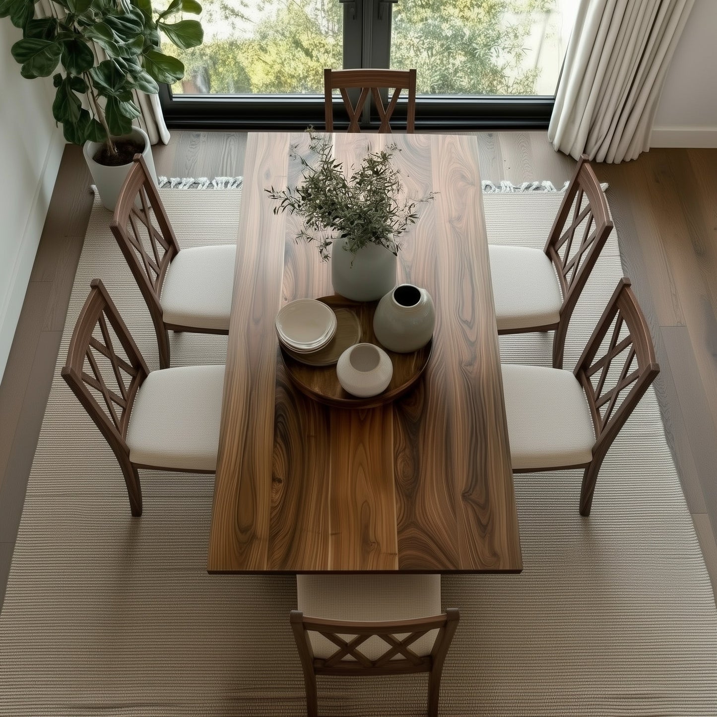 Dining room with wooden table and chairs, plants, and decor.