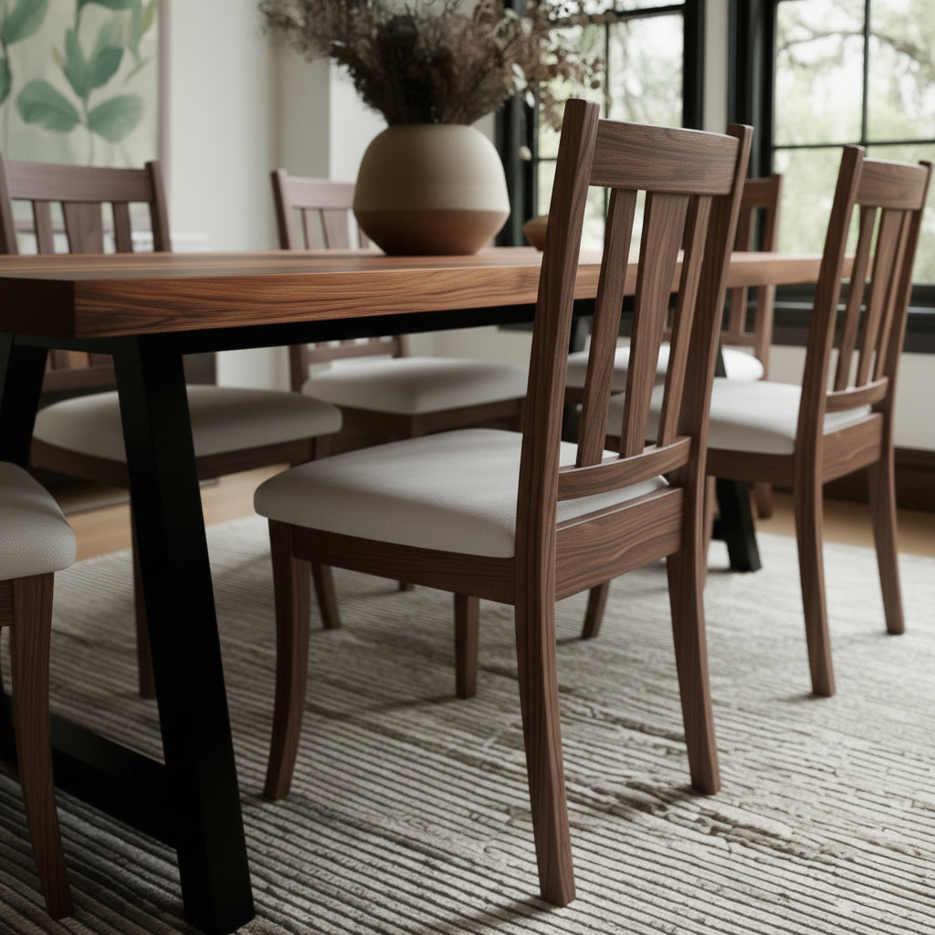 Dining room with wooden table and chairs on a striped rug