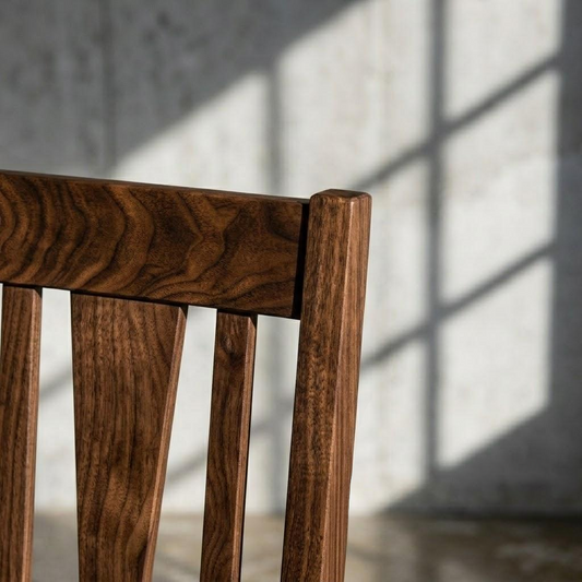Close-up of a dark brown wooden chair back with visible wood grain, set against a textured gray wall with soft window shadow patterns.