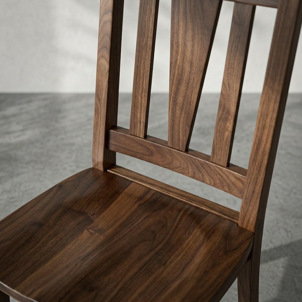 A close-up of a dark brown walnut wood Lambert dining chair with a slatted backrest and a smooth seat, shown against a neutral gray background.