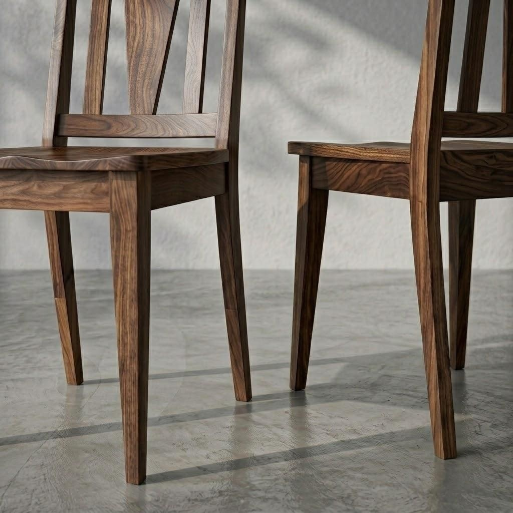 Two dark brown walnut wood Lambert dining chairs with a slatted backrest, shown in a minimalist studio setting with a concrete floor and soft shadow patterns.