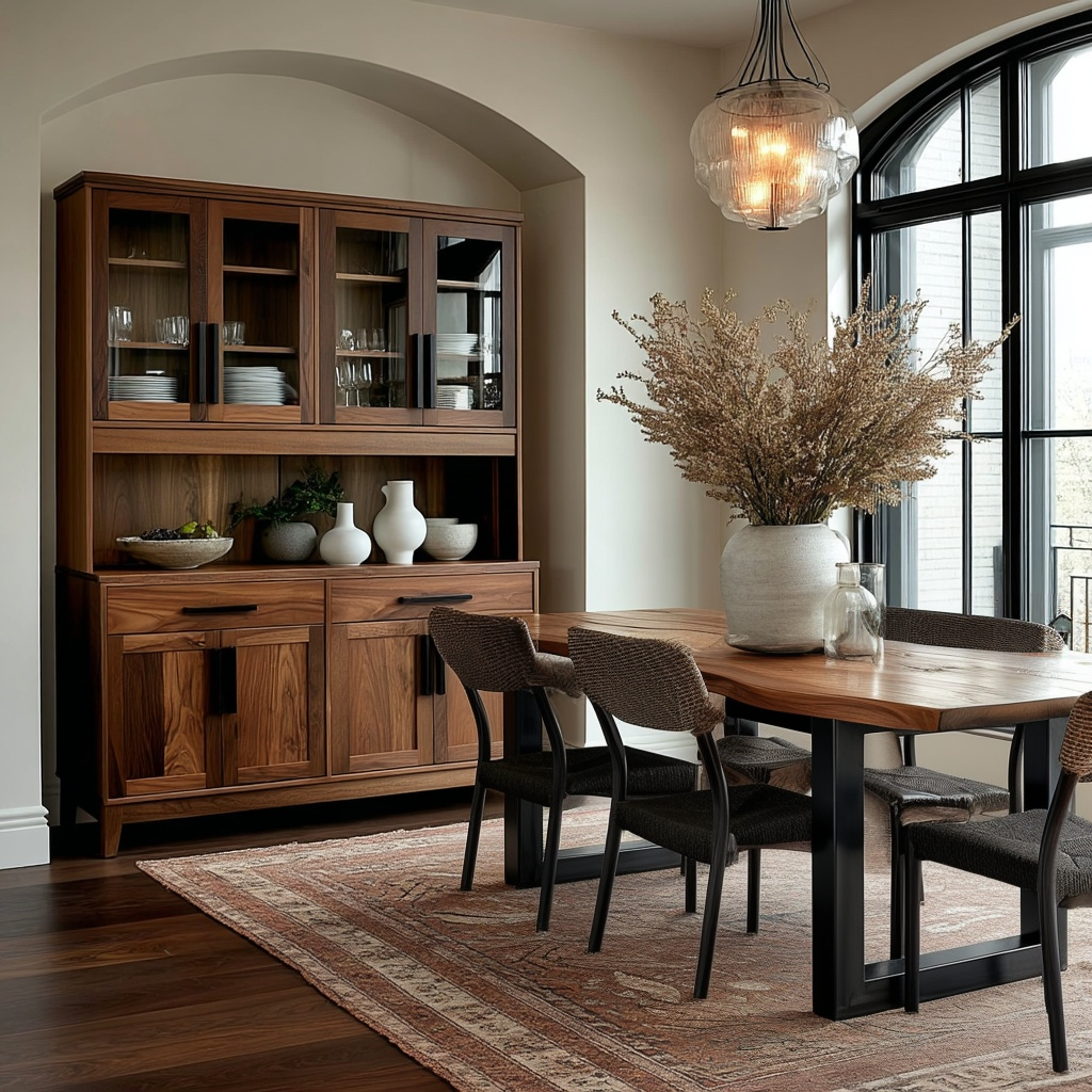 Dining room with wooden furniture, table, chairs, and decorative elements.