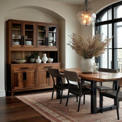 Dining room with wooden furniture, table, chairs, and decorative elements.