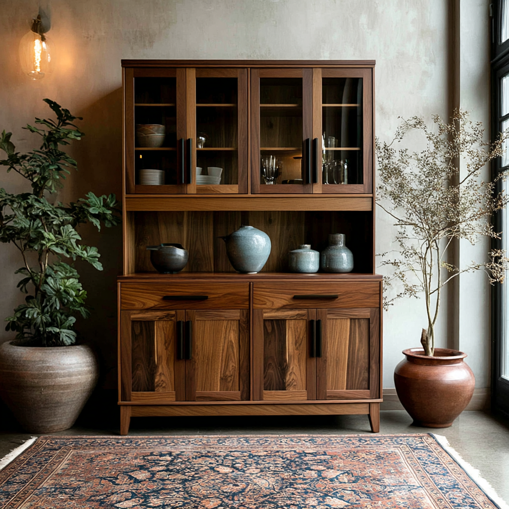 Wooden cabinet with glass doors and shelves in a room with plants and a rug.