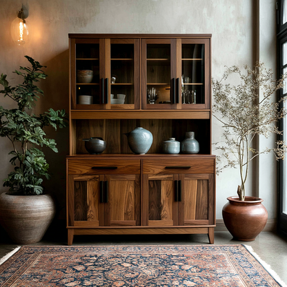 Wooden cabinet with glass doors and shelves in a room with plants and a rug.