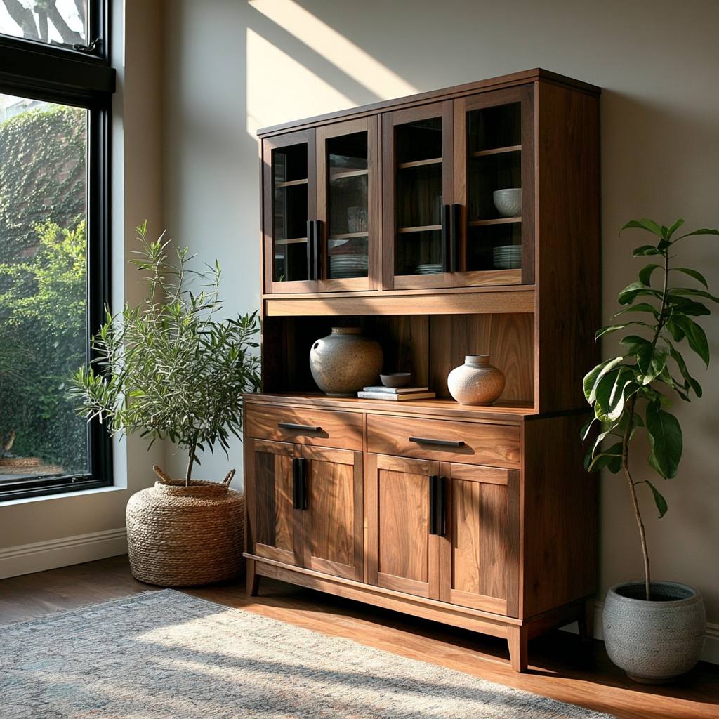 Wooden cabinet with glass doors and shelves in a room with plants and a window.