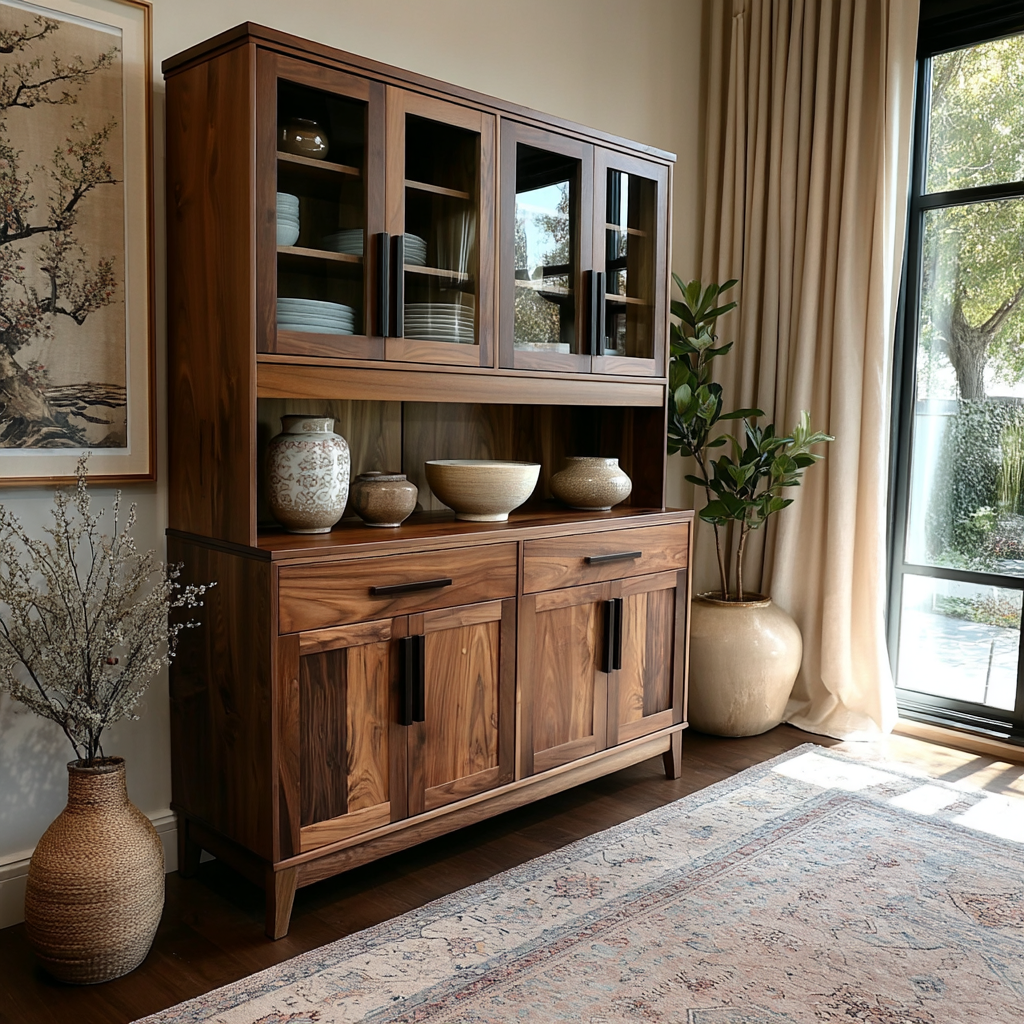 Wooden cabinet with decorative items in a room with a large window and plants.