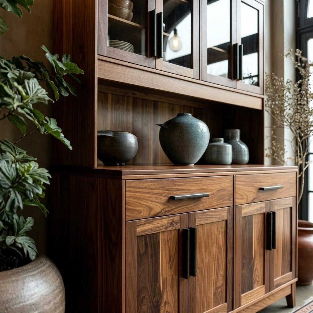 Wooden cabinet with decorative items and plants in a room setting