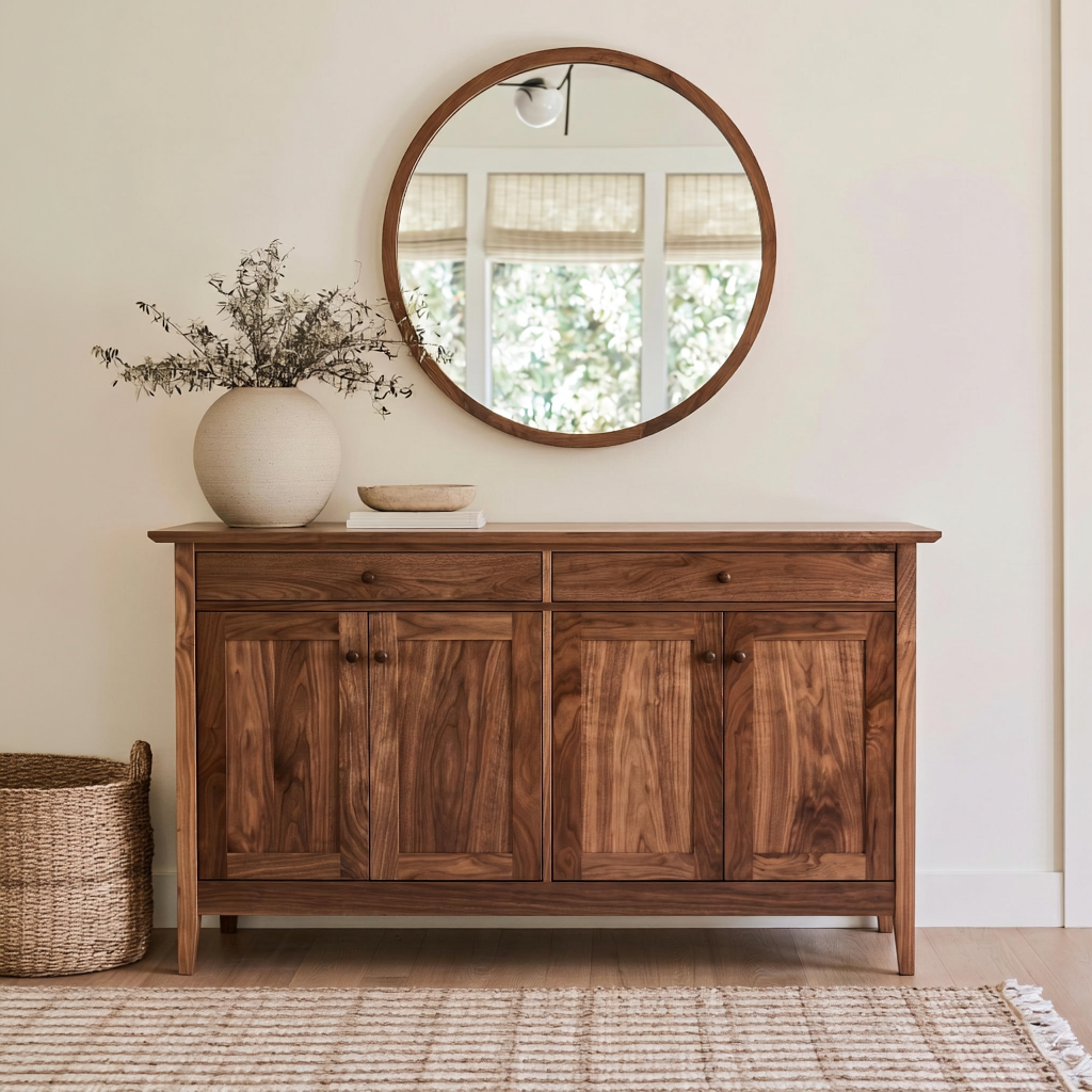 A warm medium-brown wooden sideboard cabinet with four cabinet doors and two drawers, styled in a bright room under a round wooden mirror.