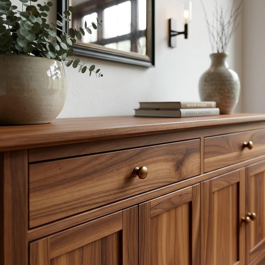 Wooden buffet cabinet with gold handles, decorative items, and a mirror in the background.