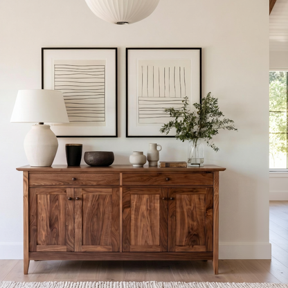 A dark brown wooden sideboard or credenza in a styled room, decorated with a white ceramic lamp, black and white bowls, ceramic vases, and a glass vase with greenery. Two framed abstract prints hang on the wall above.