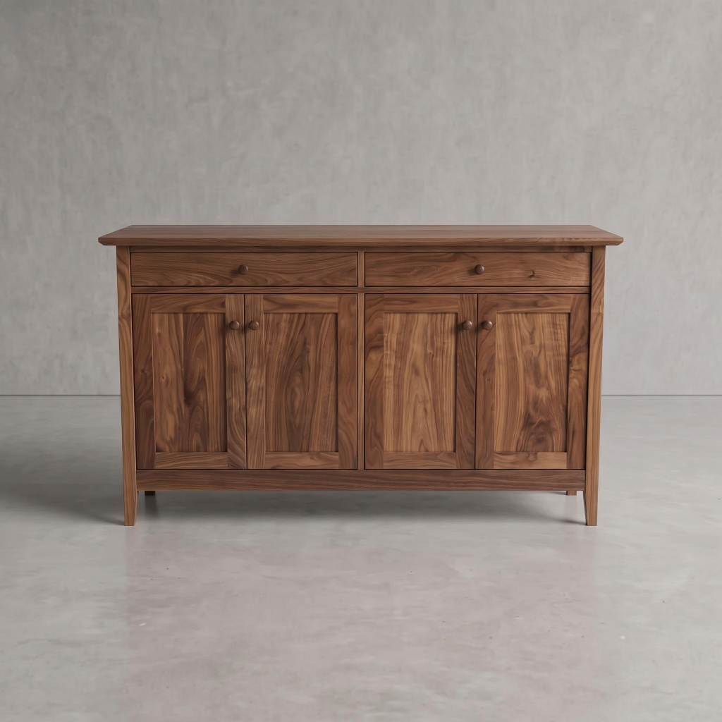 A mid-century modern wooden sideboard with a warm walnut finish, featuring two drawers on top and four cabinet doors below, set against a neutral gray concrete wall and floor.