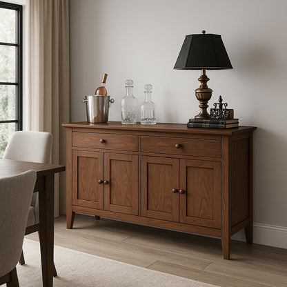 A wooden dining room buffet table with three doors and two drawers, placed against a wall with a lamp and bottles on top, in a room with a window and a chair to the side.