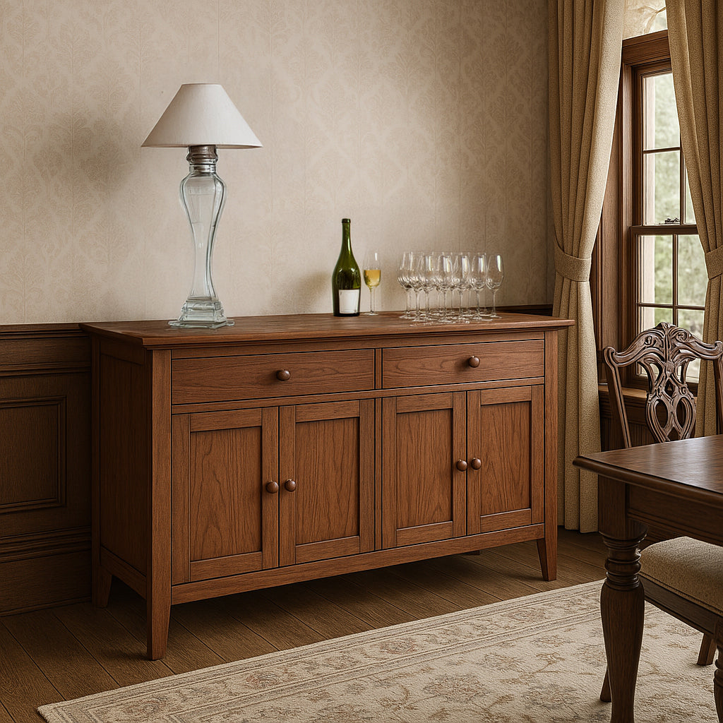 A wooden dining room buffet table with three doors and two drawers, placed against a wall with a lamp and bottles on top, in a room with a window and a chair to the side.