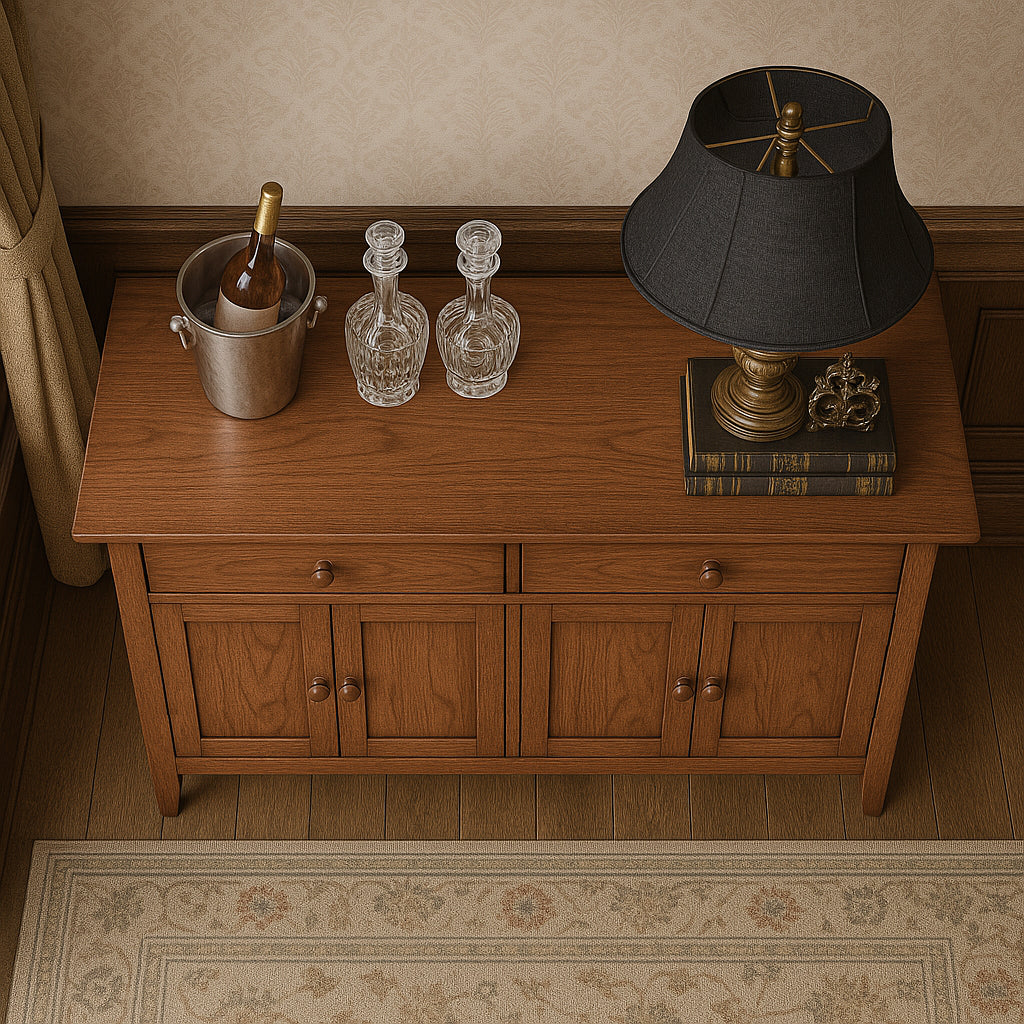 A wooden dining room buffet table with four doors and two drawers, placed against a wall with a lamp and bottles on top, in a room with a window.