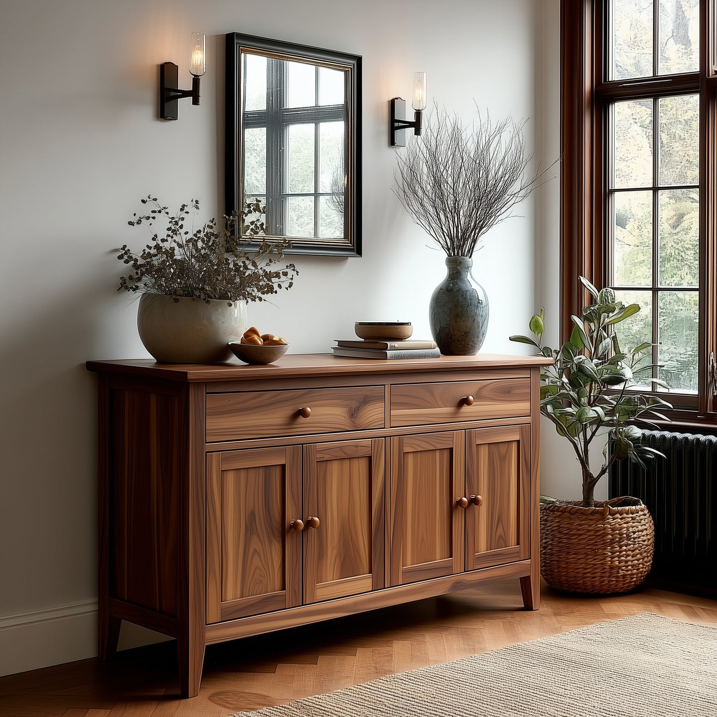 Wooden sideboard with decorative items in a room with a window and plants.