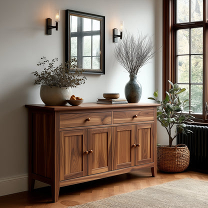 Wooden sideboard with decorative items in a room with a window and plants.