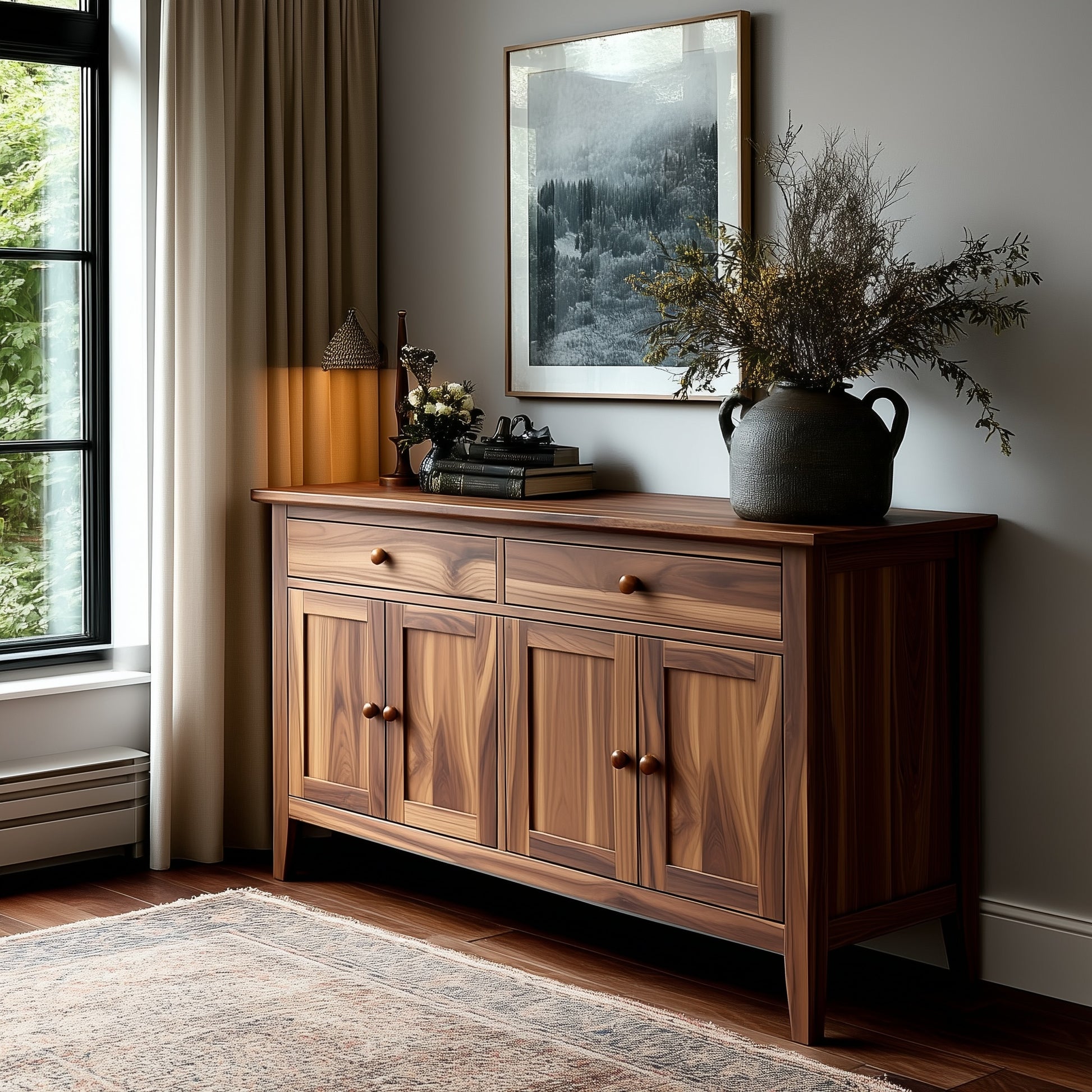 Wooden sideboard with decorative items in a room with a window and rug.