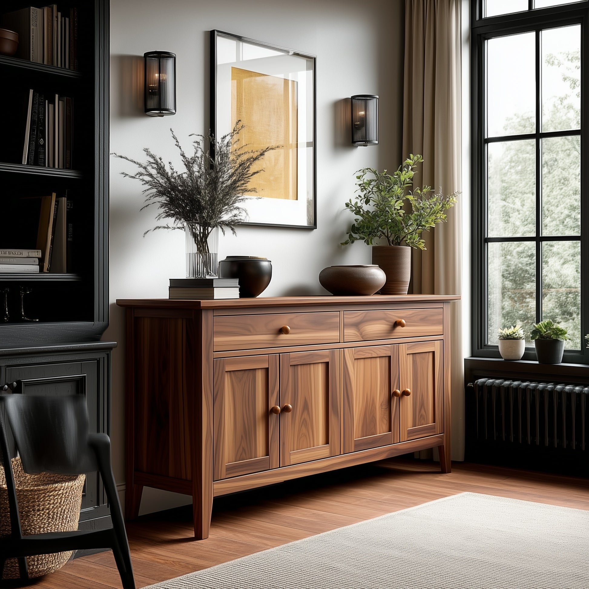 Wooden sideboard in a room with a large window, books, and decorative items.