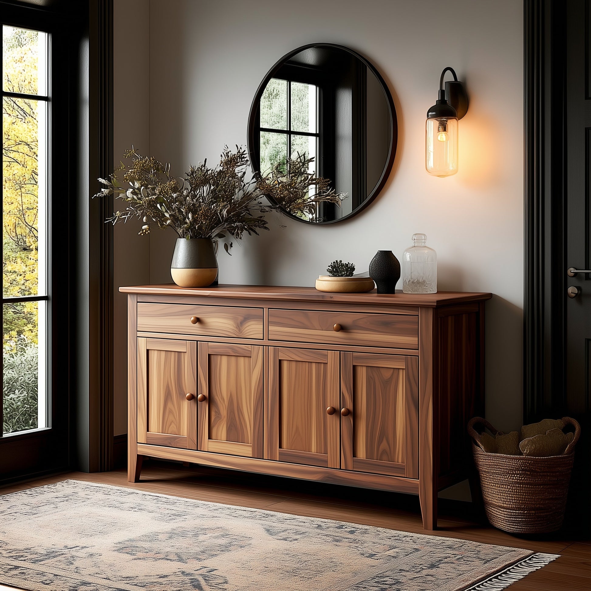 Wooden sideboard with decorative items in a room with a round mirror and window.