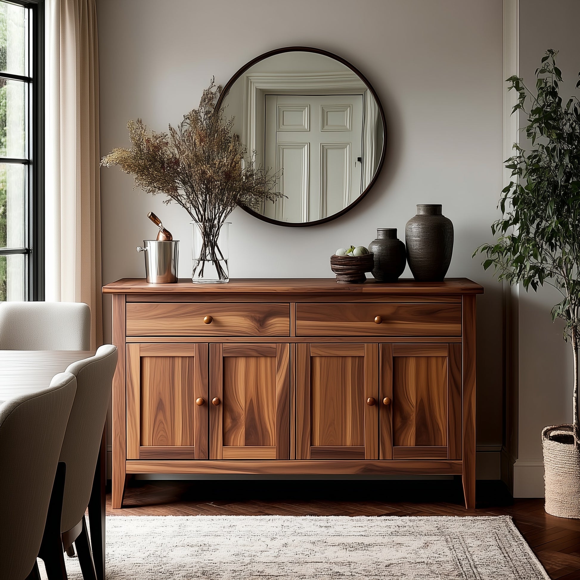 Wooden sideboard in a room with a mirror, decorative items, and a plant.