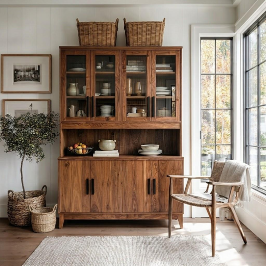A tall wooden hutch or cabinet with glass upper doors and lower cabinet doors stands in a bright, sunlit room. The cabinet is styled with baskets, books, and ceramic dishes, with a woven chair beside it and large windows in the background.