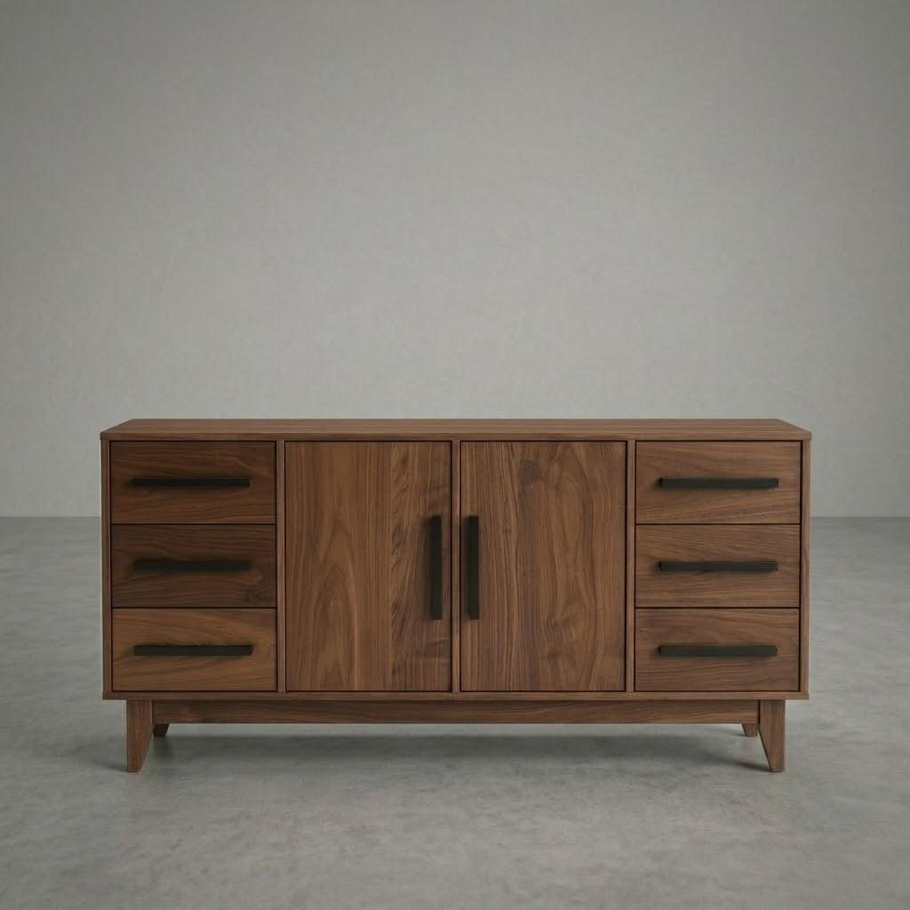Wooden sideboard with drawers and doors on a plain background