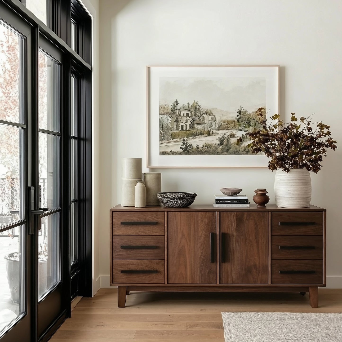 Wooden sideboard in a modern living room with decor items and a painting.