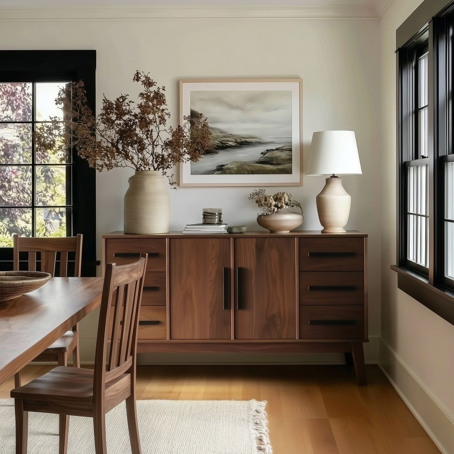 Dining room with wooden table, chairs, and a sideboard with decorative items.