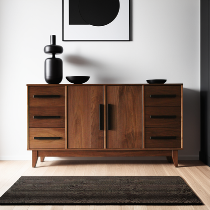 A wooden dining room buffet table with multiple drawers and doors, placed against a white wall on a wooden floor, with decorative black vases on top.