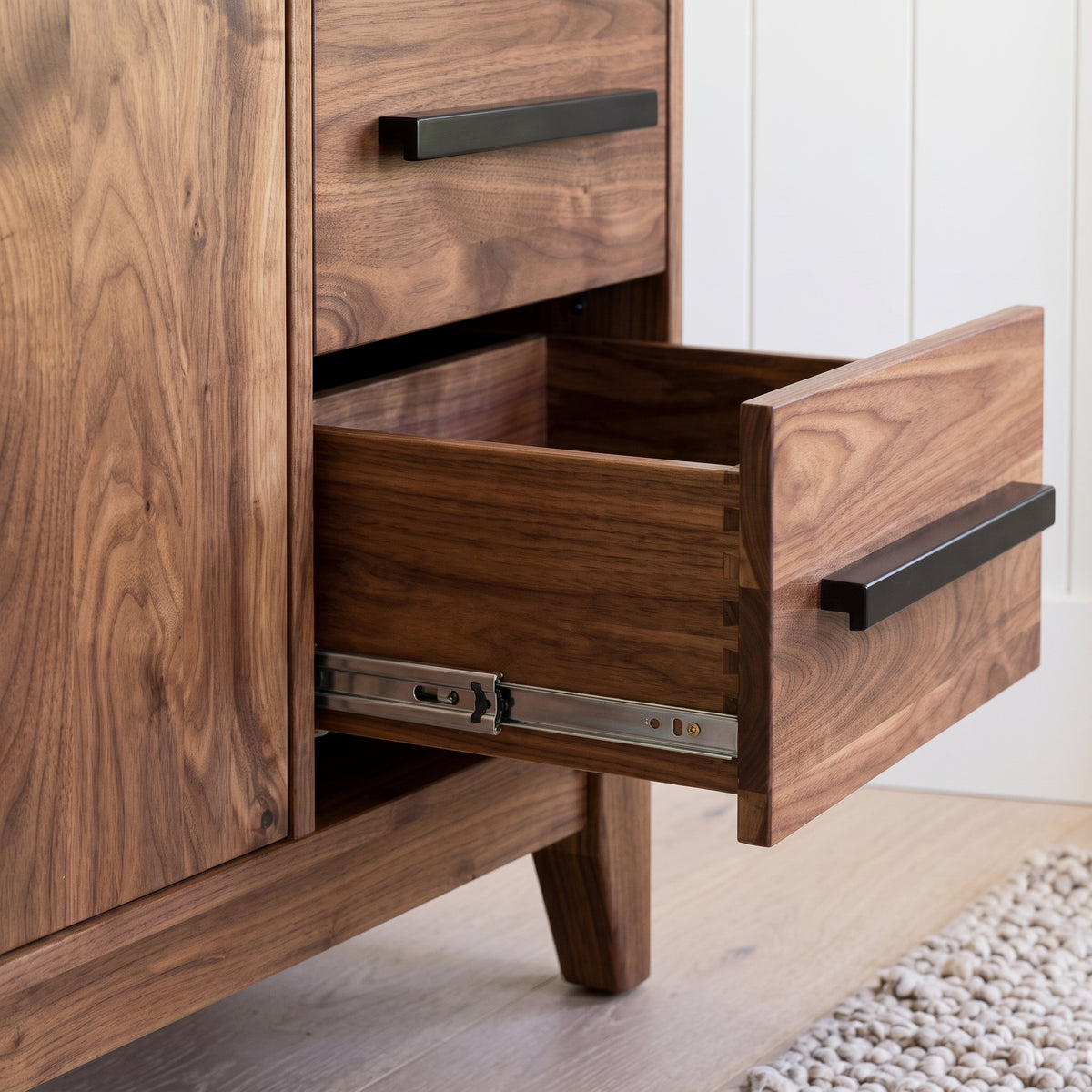 A close-up of a wooden cabinet with one drawer pulled open, showing the wood grain, black metal drawer pulls, and metal drawer slides. A light-colored rug is visible on the floor in the background.