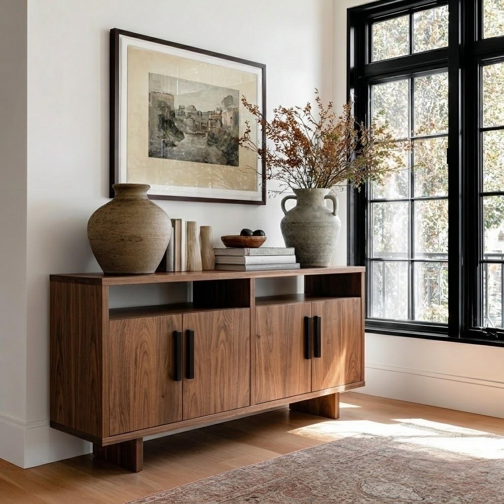 A mid-century modern wooden sideboard or credenza in a warm walnut finish, styled in a bright room with a large framed print, two ceramic vases, books, and a window with black frames.